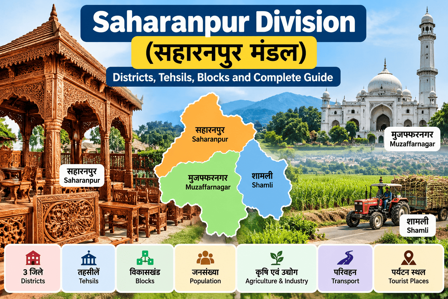 Saharanpur Division map showing Saharanpur, Muzaffarnagar and Shamli districts